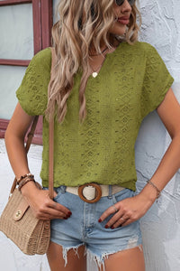Notched Neckline T-Shirt with Elegant Eyelet Embroidery for Effortless Style 9