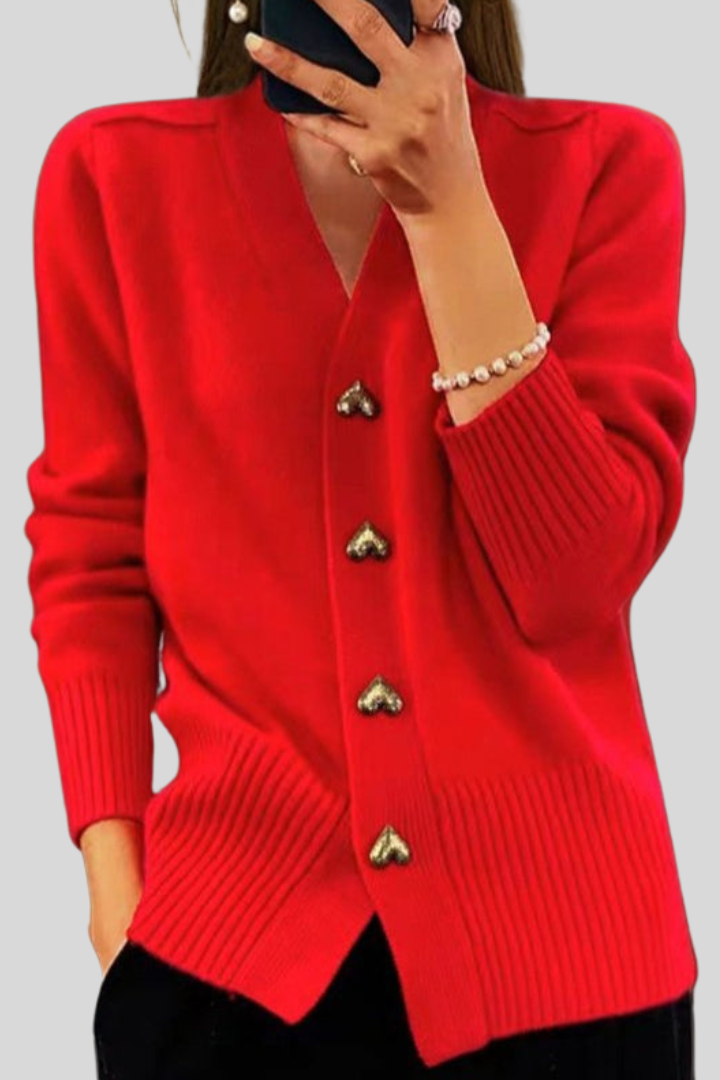 Elegant V-Neck Heart Button Cardigan