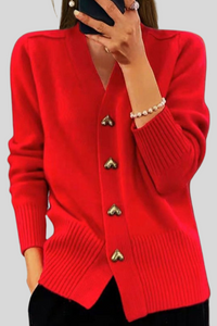 Elegant V-Neck Heart Button Cardigan