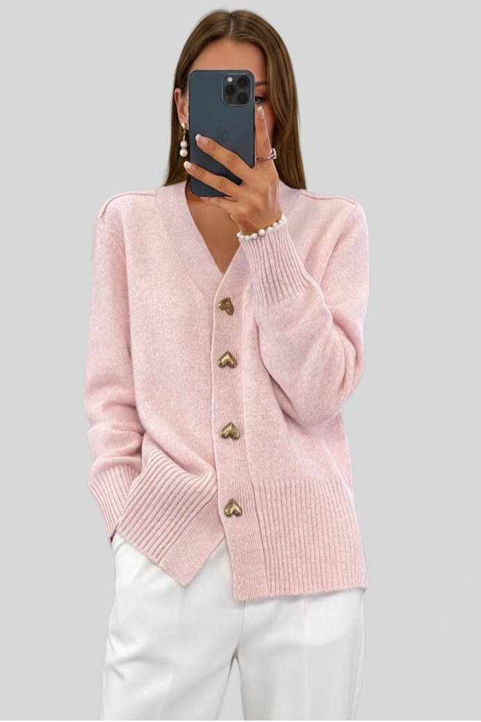 Elegant V-Neck Heart Button Cardigan