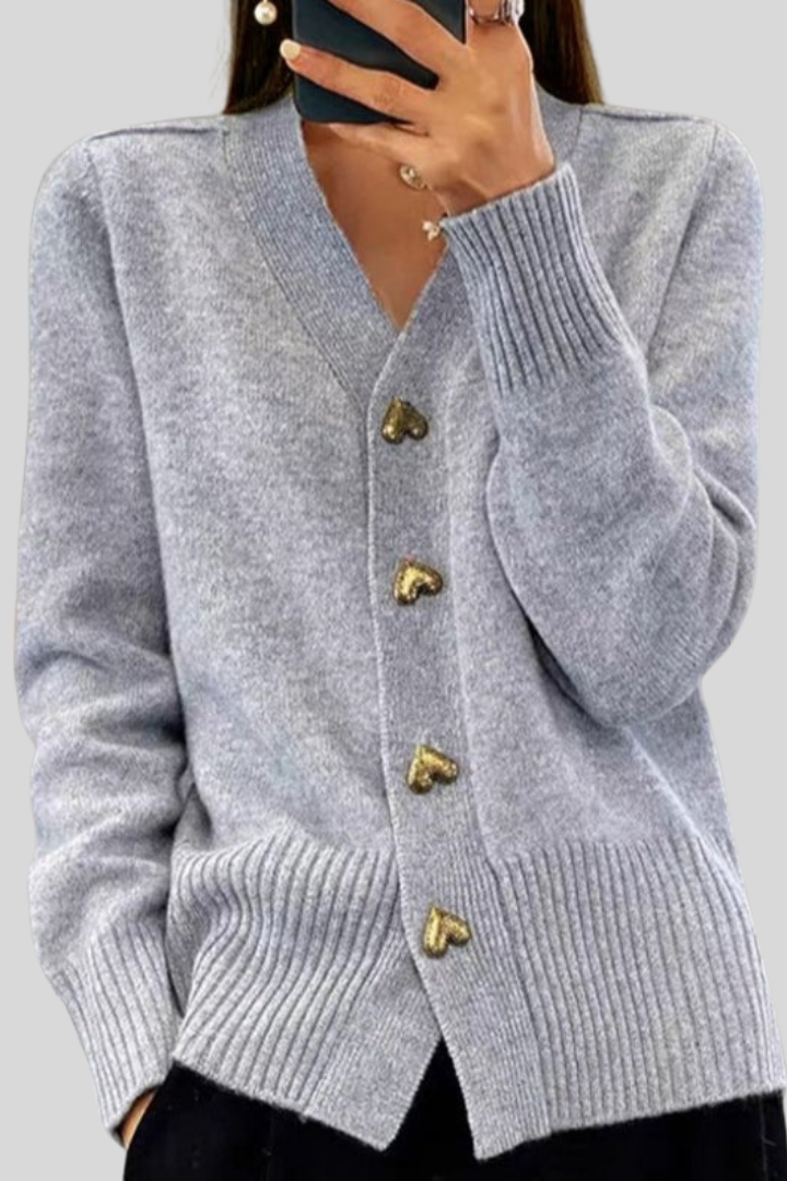 Elegant V-Neck Heart Button Cardigan
