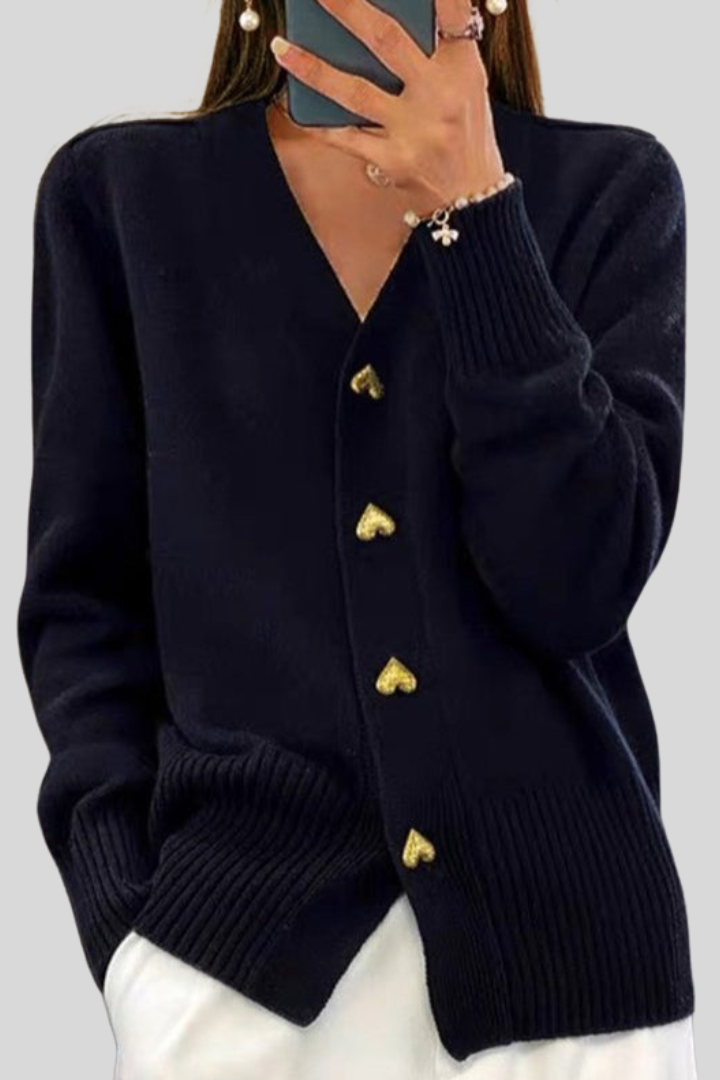 Elegant V-Neck Heart Button Cardigan