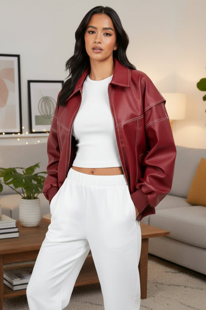 Oversized Red Leather Jacket for Bold Fashion Statements 0