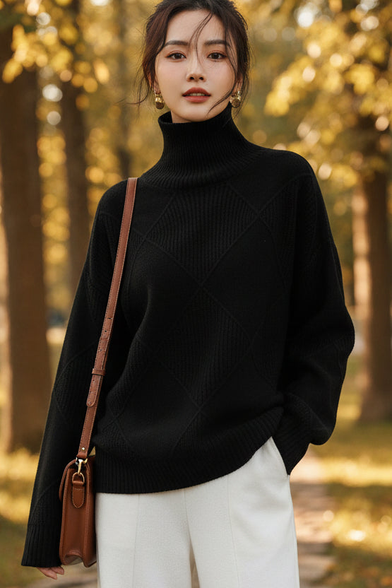 Patterned Oversized Turtleneck Knit Sweater for Effortless Style 1