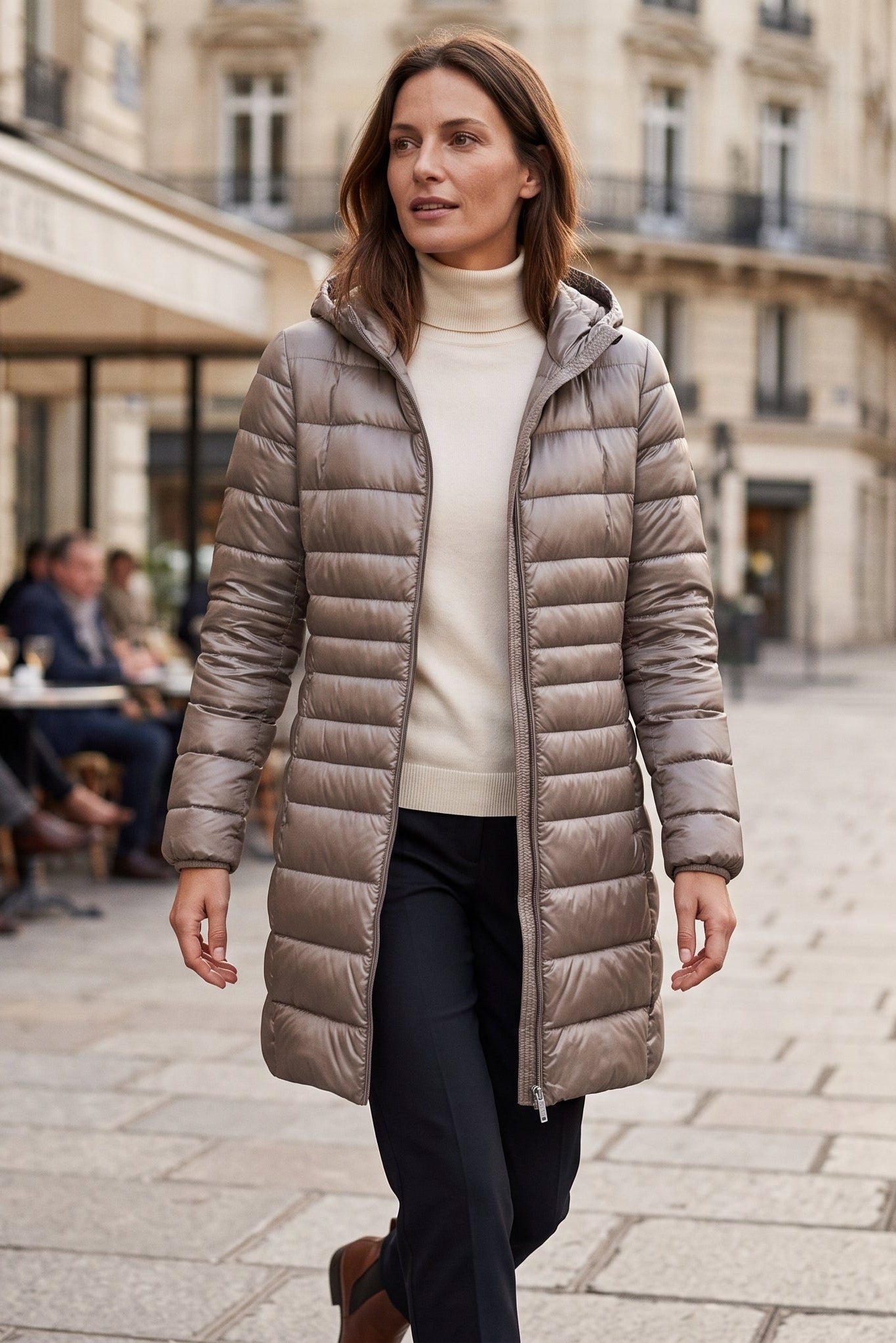 Hooded Quilted Zip Front Longline Coat