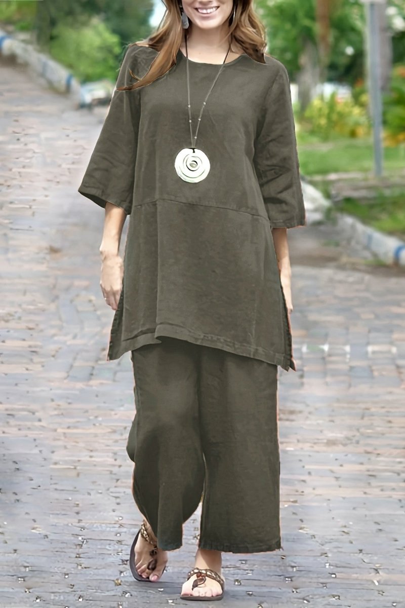 Plus Size Color-Block Linen Split Top and Wide-Leg Pants Set 0