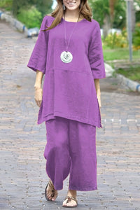 Plus Size Color-Block Linen Split Top and Wide-Leg Pants Set 1