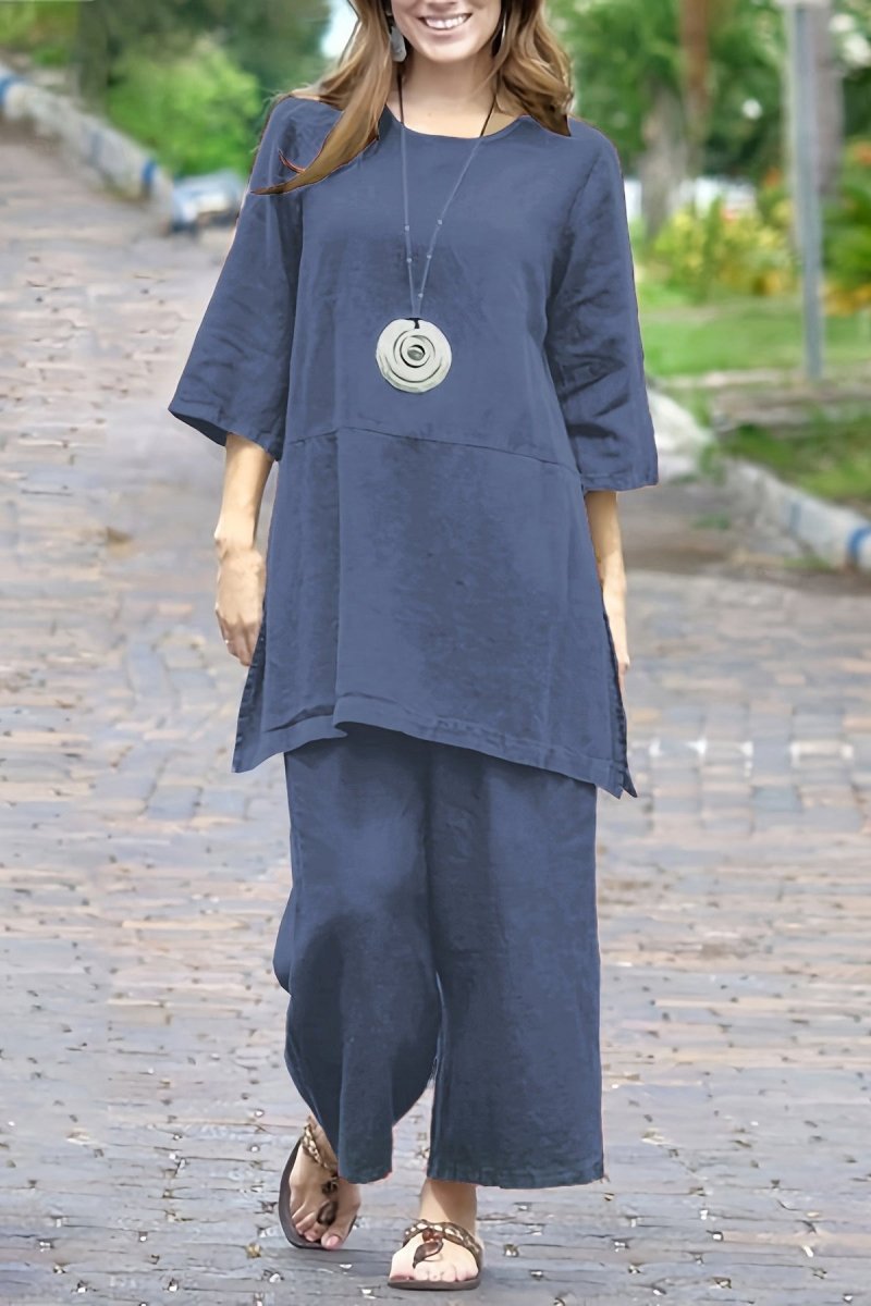 Plus Size Color-Block Linen Split Top and Wide-Leg Pants Set 2