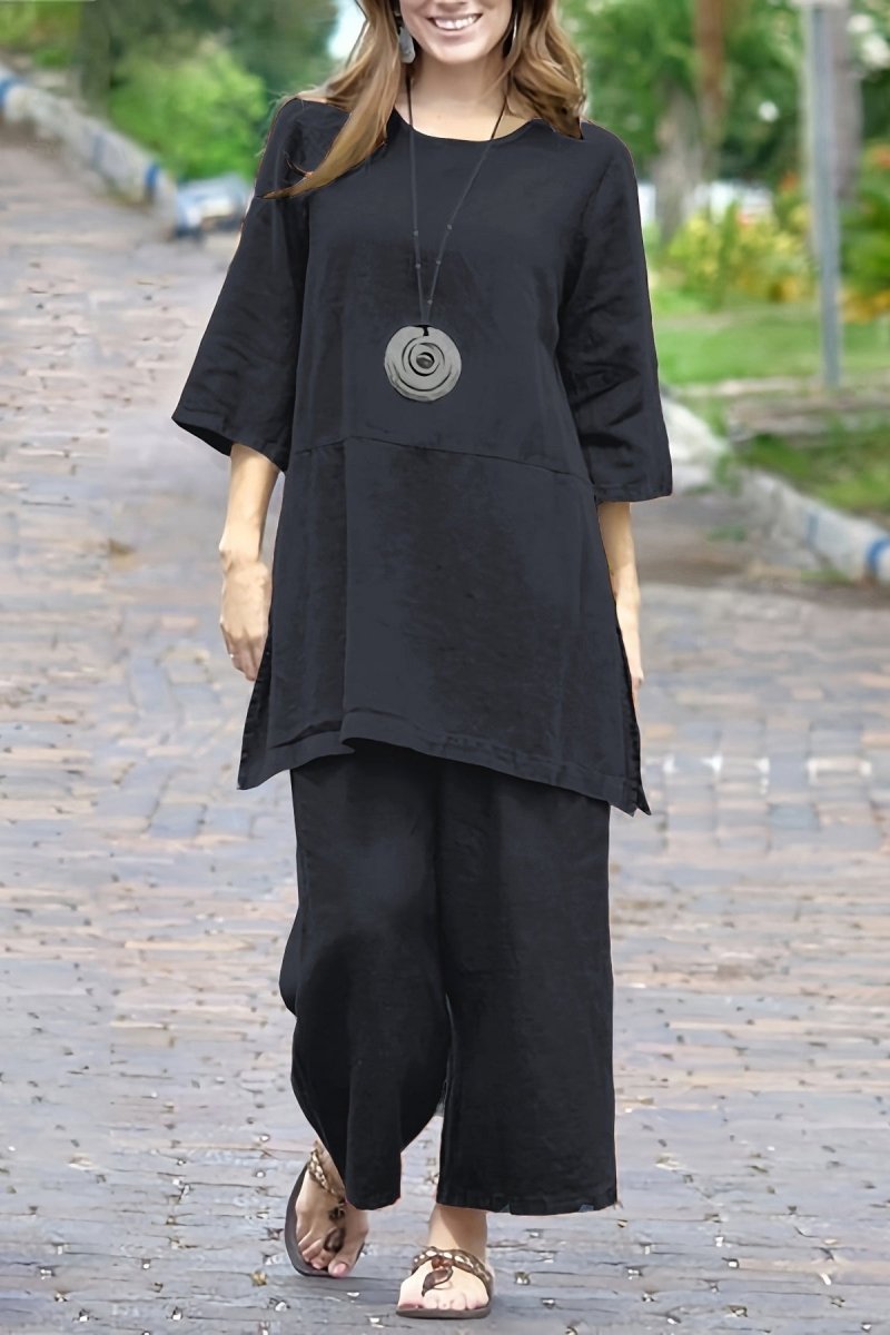 Plus Size Color-Block Linen Split Top and Wide-Leg Pants Set 3