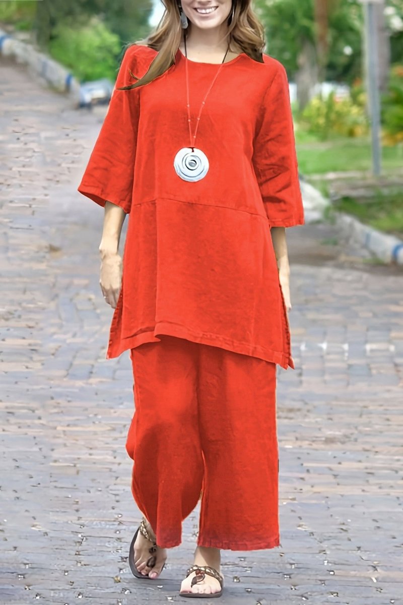Plus Size Color-Block Linen Split Top and Wide-Leg Pants Set 4