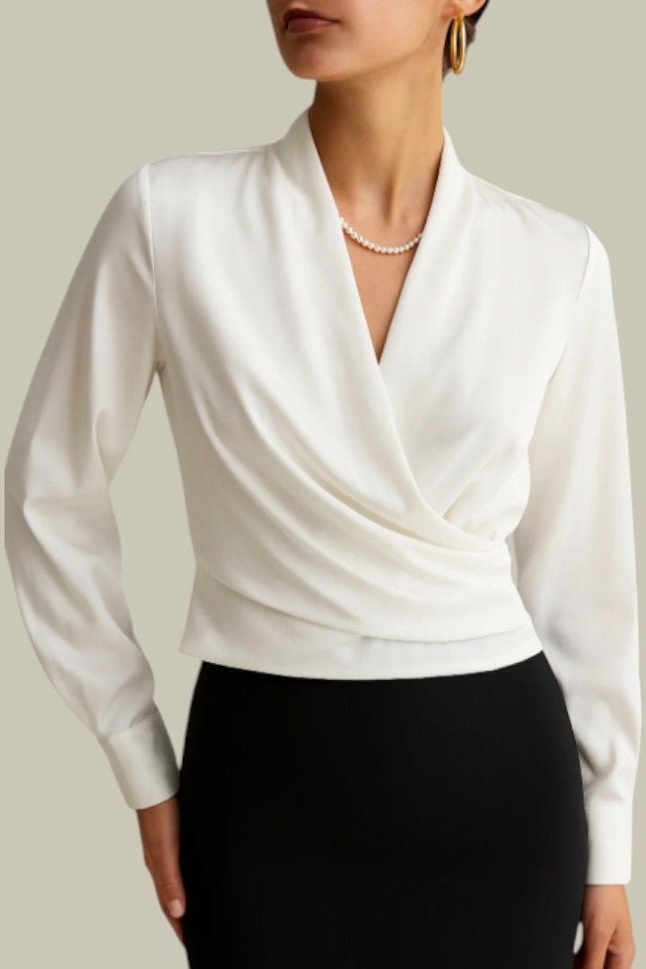 Polished Satin Wrap Blouse with Tapered Cuffs for Elegant Style 0