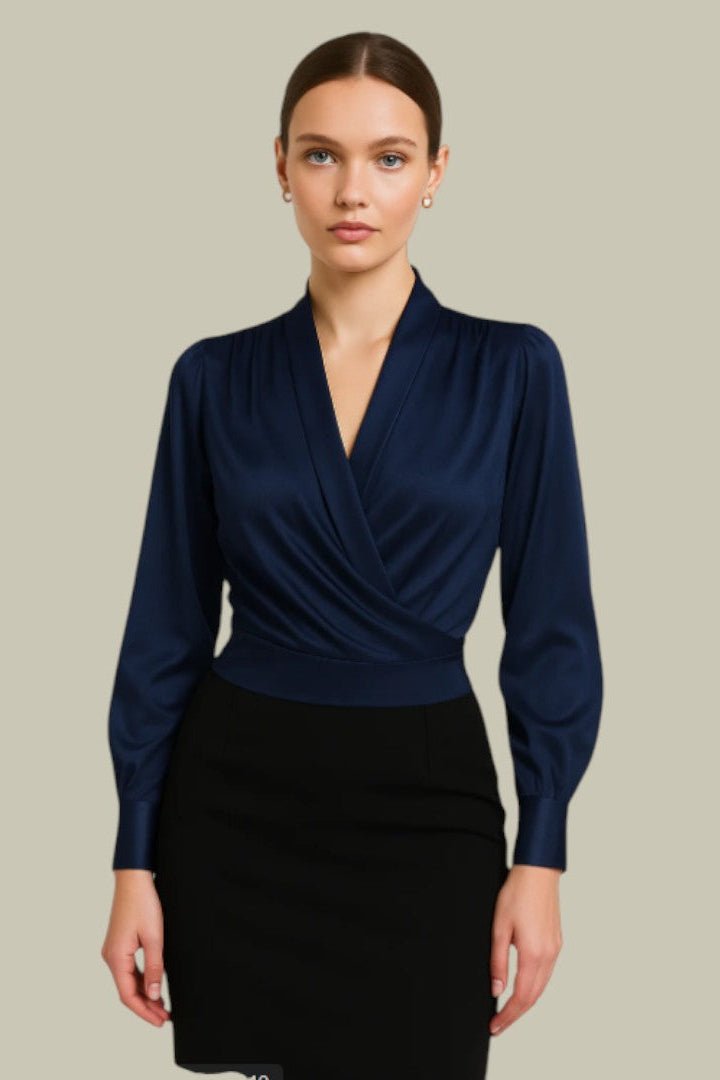 Polished Satin Wrap Blouse with Tapered Cuffs for Elegant Style 3