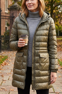Hooded Quilted Zip Front Longline Coat