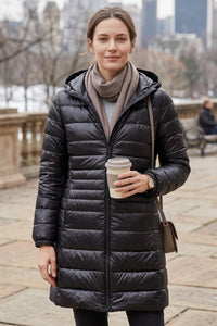 Hooded Quilted Zip Front Longline Coat