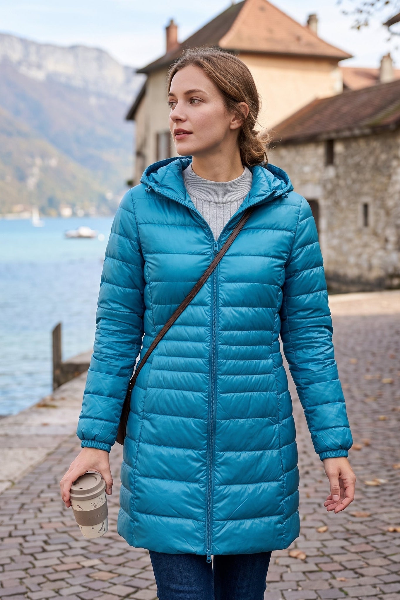 Hooded Quilted Zip Front Longline Coat
