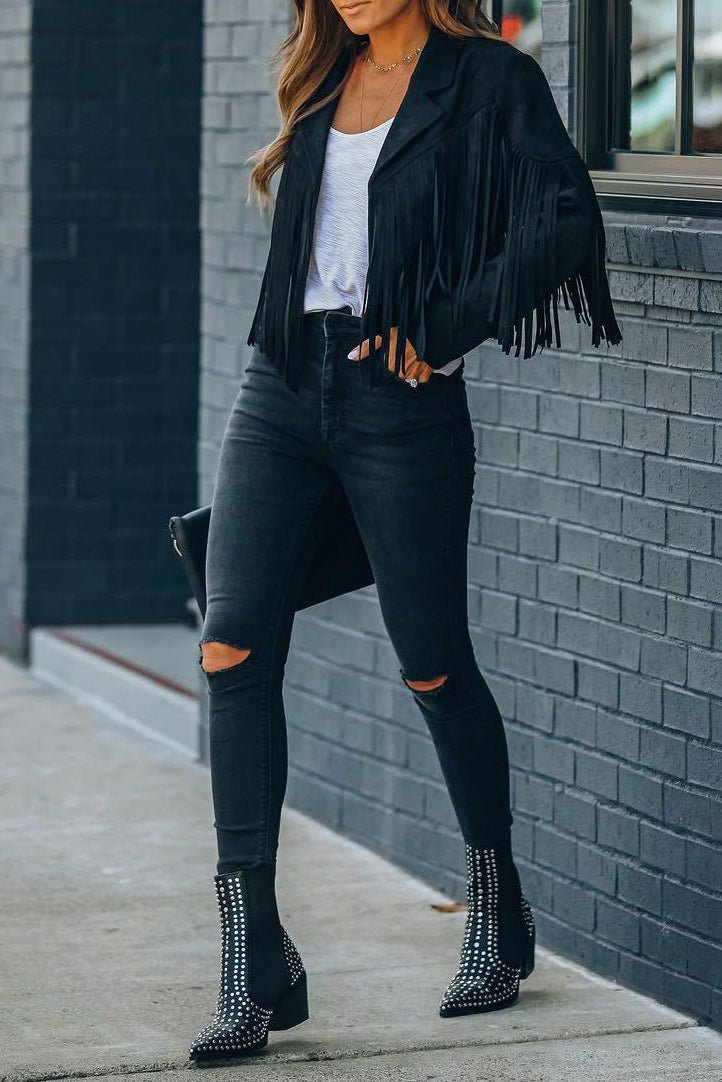 Refined Suede Moto Jacket with Cascading Fringe for Effortless Style 2