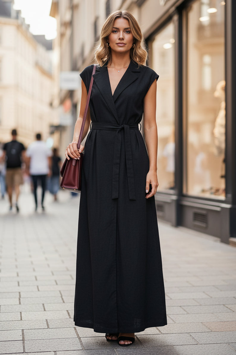 Lace-Up Maxi Shirt Dress with Classic Collared Style