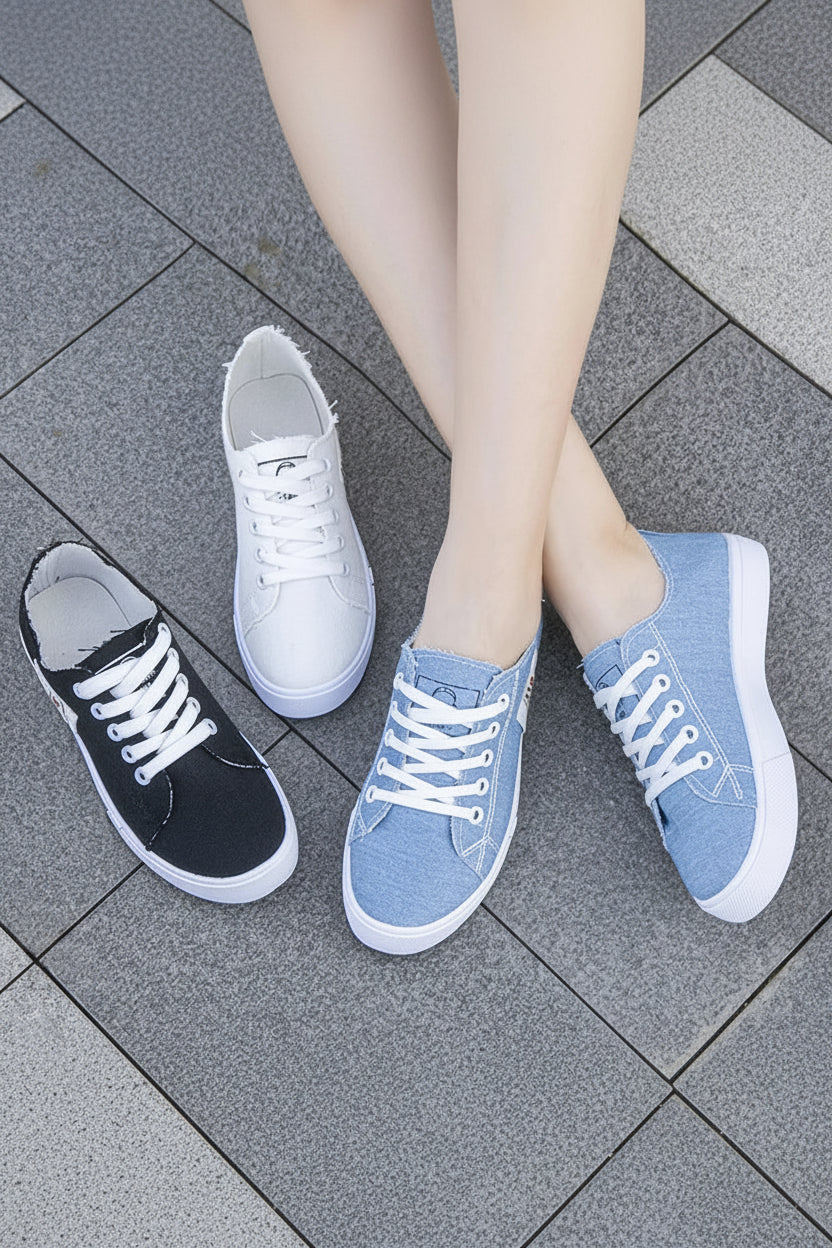 Denim Canvas Low-Top Lace-Up Sneakers