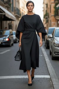 Wide Sleeve Belted Wrap Midi Dress