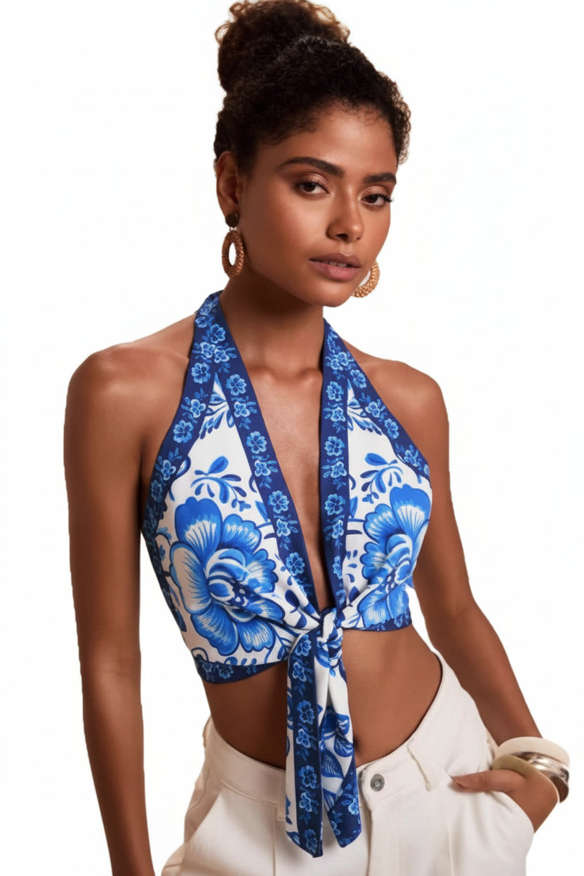 Soft Floral Halter Top Bow