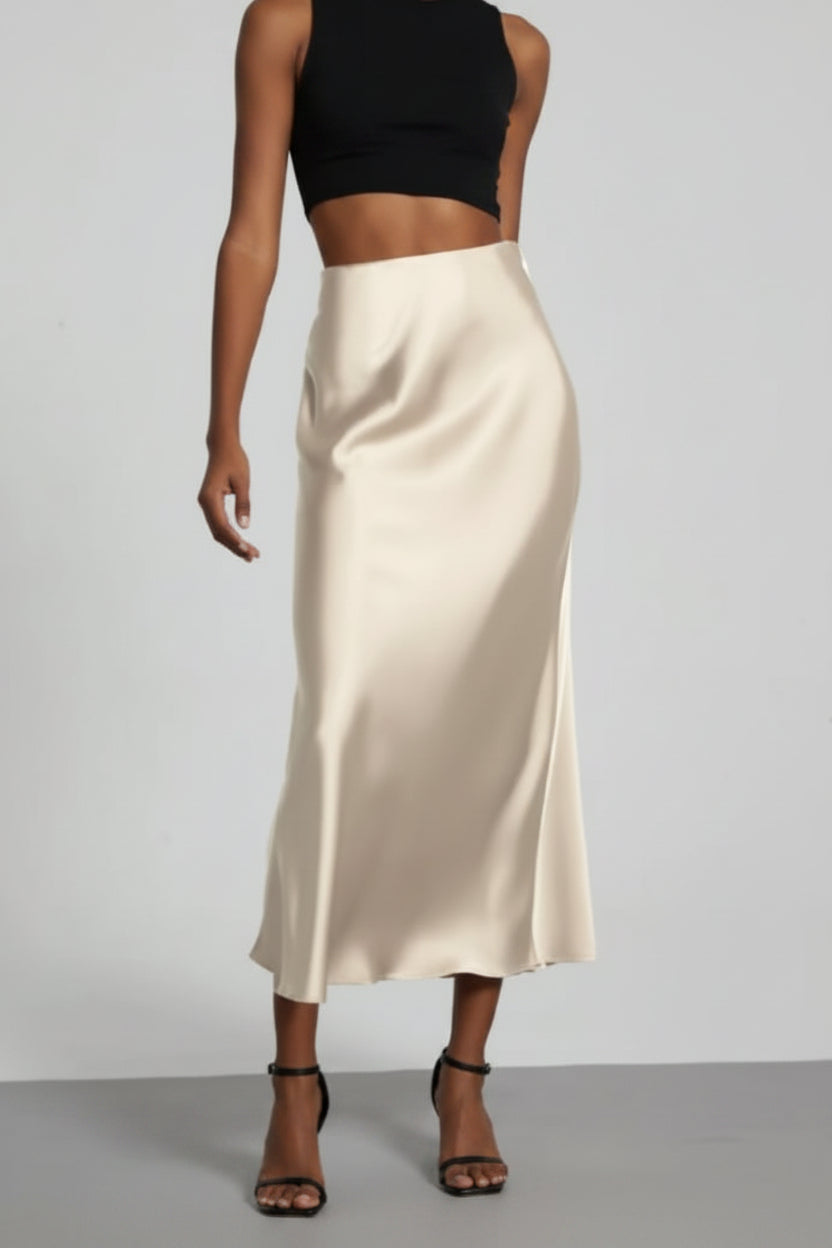 Elegant Polyester Midi Skirt with Side Slit & Flowy Fit