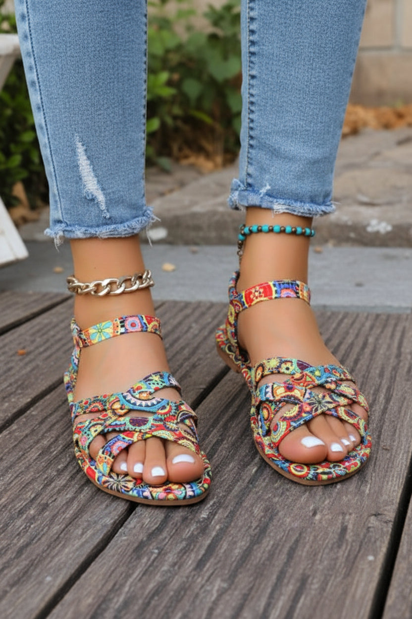 Bohemian Print T-Riemen Flache Sandalen