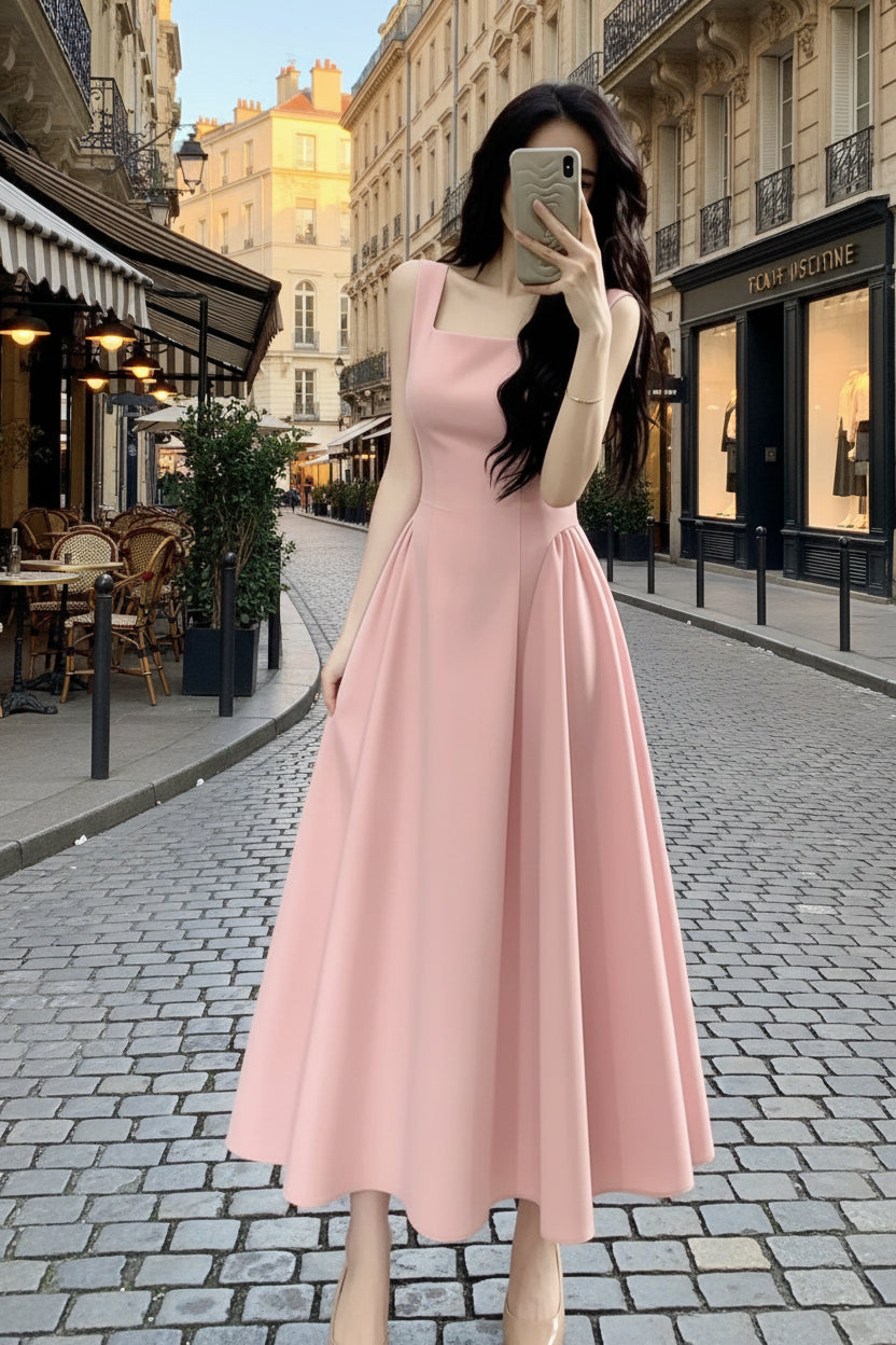 Square Pleated Midi Dresses Elegant