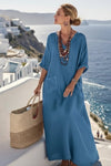 Sea Blue Lace-Up V-Neck Kaftan Dress for Effortless Elegance 0
