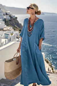 Sea Blue Lace-Up V-Neck Kaftan Dress for Effortless Elegance 1