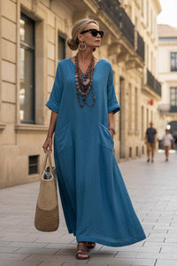 Sea Blue Lace-Up V-Neck Kaftan Dress for Effortless Elegance 2