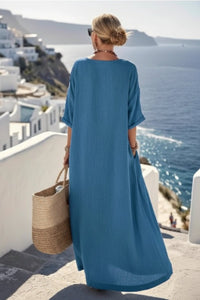 Sea Blue Lace-Up V-Neck Kaftan Dress for Effortless Elegance 3