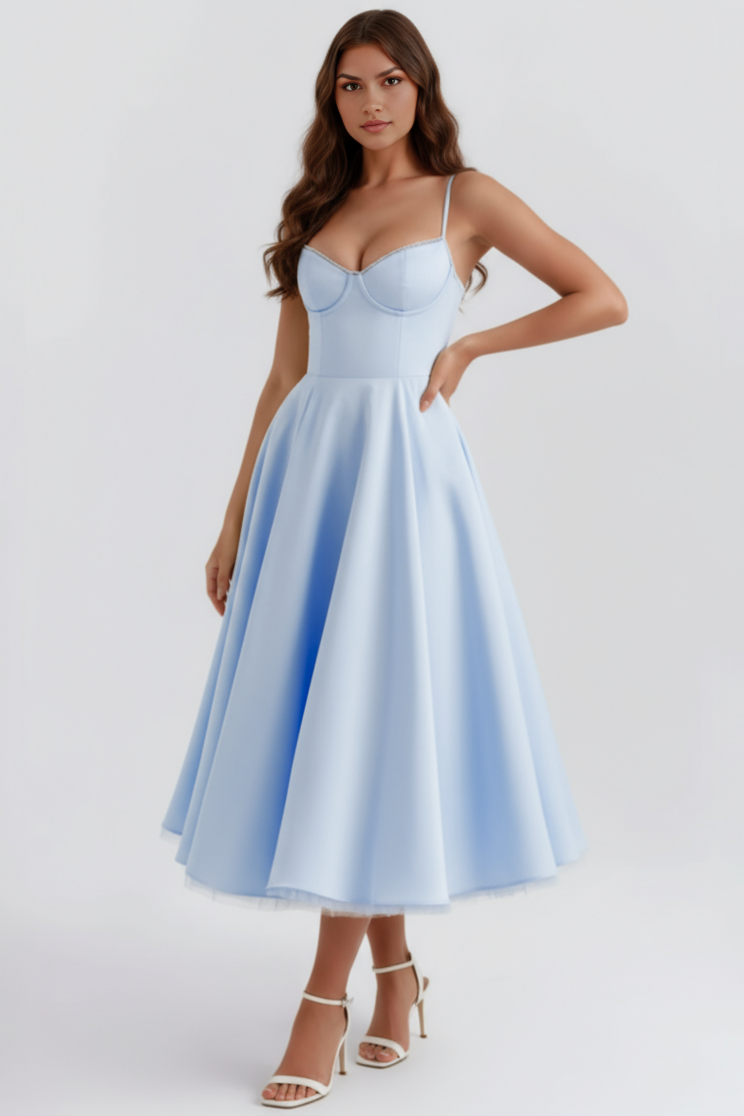 Selene Midi Dress - Elegant Satin Finish, Sweetheart Neckline & Tulle Skirt, Perfect for Wedding Guest or Formal Events 0