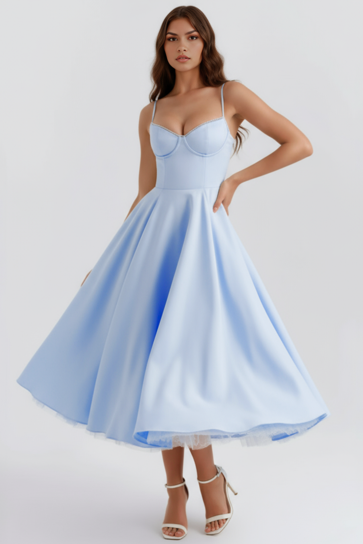 Selene Midi Dress - Elegant Satin Finish, Sweetheart Neckline & Tulle Skirt, Perfect for Wedding Guest or Formal Events 1