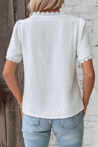 Short Sleeve V-Neck Cotton Blouse with Unique Patchwork Design 2