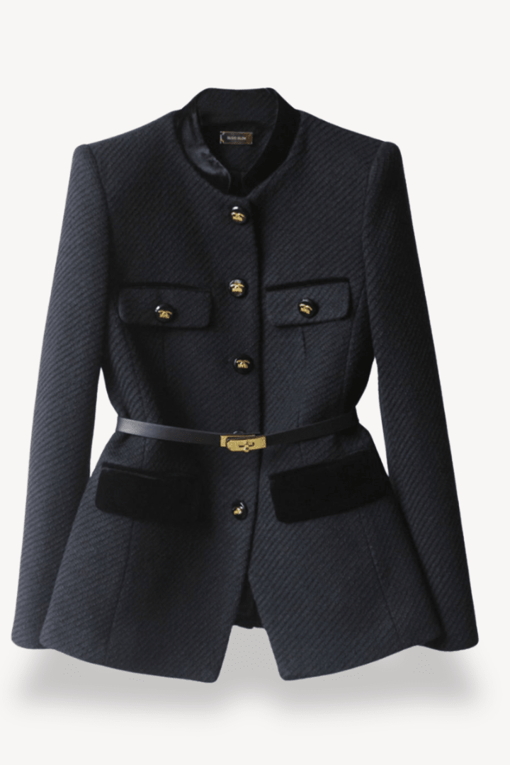 Sleek Belted Blazer with Velvet Accents and Gold-Tone Details 0