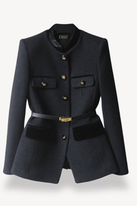Sleek Belted Blazer with Velvet Accents and Gold-Tone Details 0