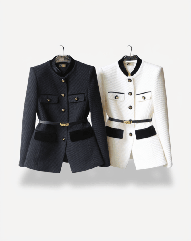 Sleek Belted Blazer with Velvet Accents and Gold-Tone Details 1