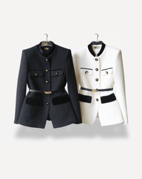 Sleek Belted Blazer with Velvet Accents and Gold-Tone Details 1