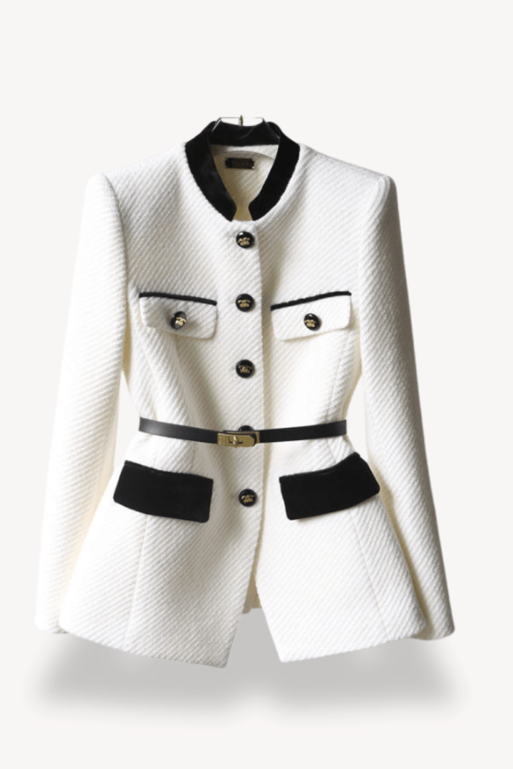 Sleek Belted Blazer with Velvet Accents and Gold-Tone Details 2