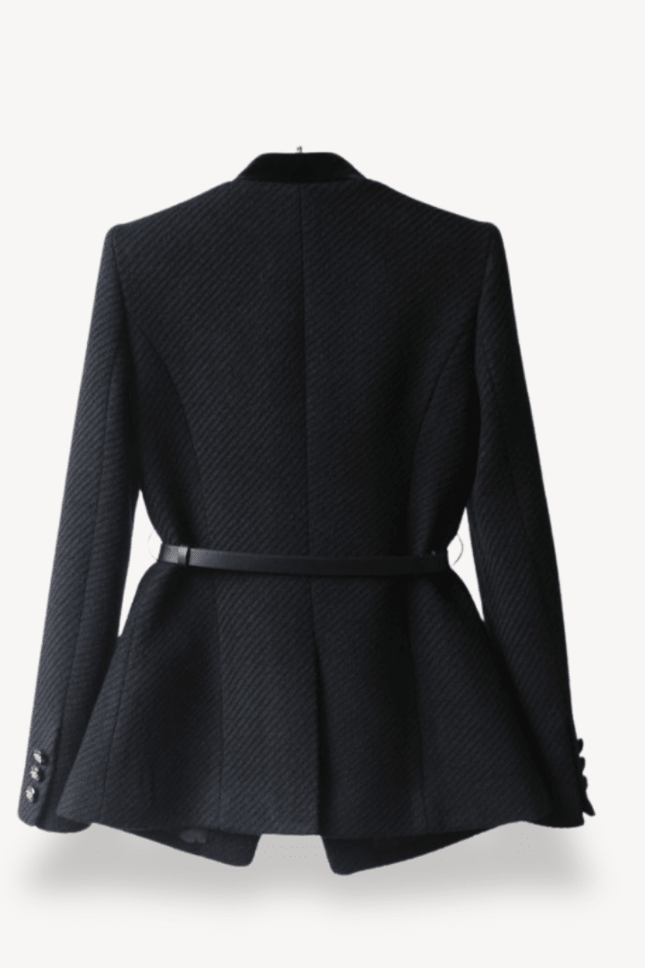 Sleek Belted Blazer with Velvet Accents and Gold-Tone Details 3