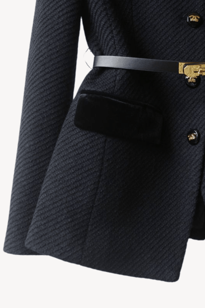 Sleek Belted Blazer with Velvet Accents and Gold-Tone Details 4