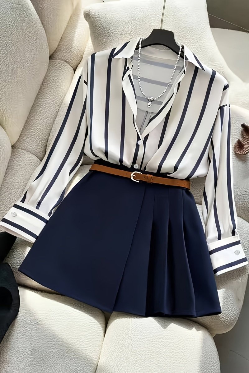 Spring Stripe Shirt and Pleated Skirt Set for Effortless Style 2