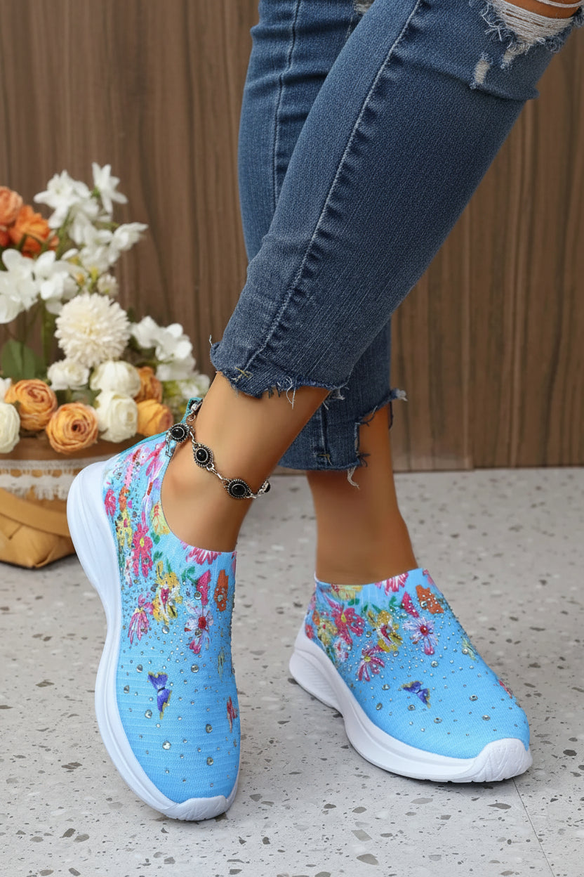 Stylish Flower Print Knitted Sneakers - Breathable Casual Walking Shoes 1