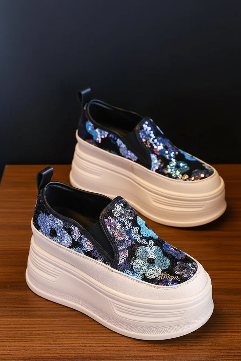 Stylish Sequin Flower Platform Sneakers - 8cm Wedge Casual Shoes 0
