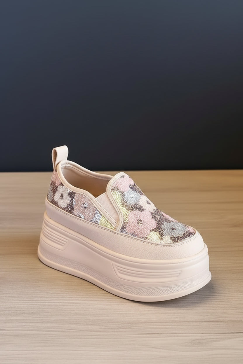 Stylish Sequin Flower Platform Sneakers - 8cm Wedge Casual Shoes 1