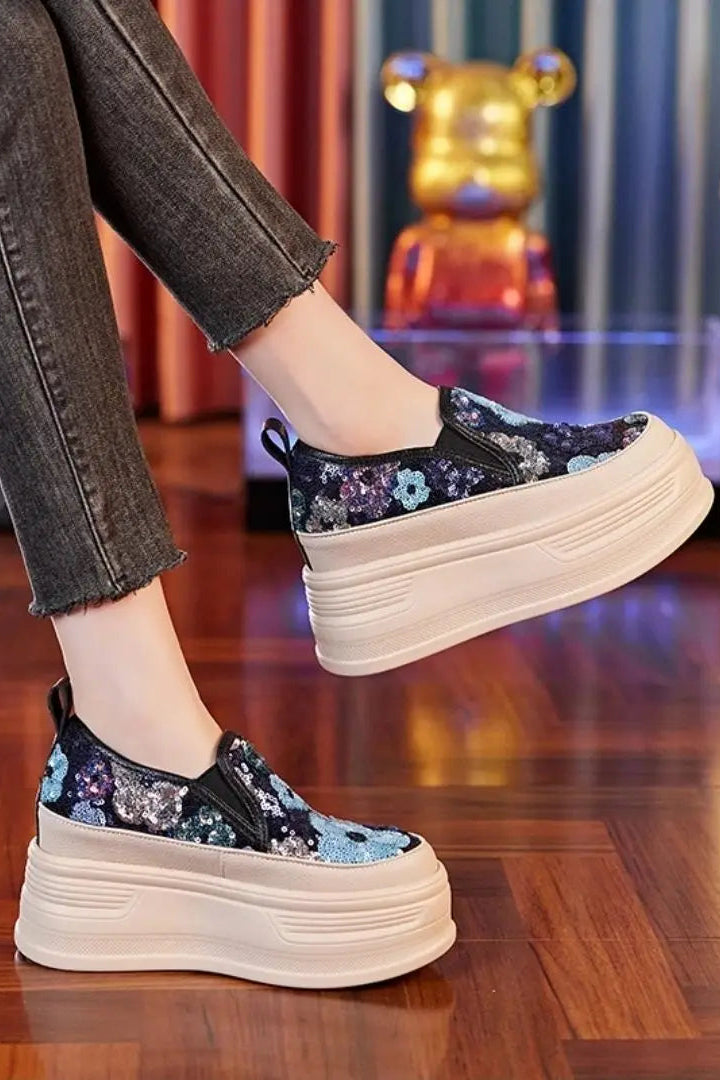 Stylish Sequin Flower Platform Sneakers - 8cm Wedge Casual Shoes 4