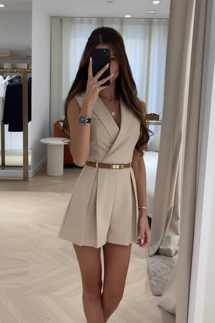 Stylish Sleeveless Cotton Romper with Adjustable Belt and Collar Detail 2