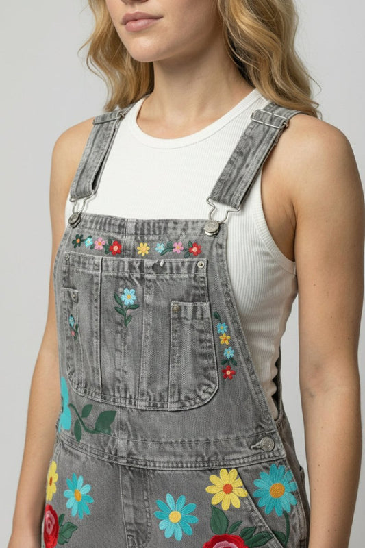 Stylish Sleeveless Denim Overall with Floral Embroidery for Effortless Charm 3