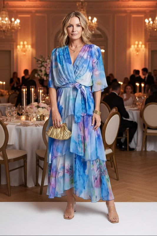 Sheer Layered V-Neck Tie Waist Maxi Dress