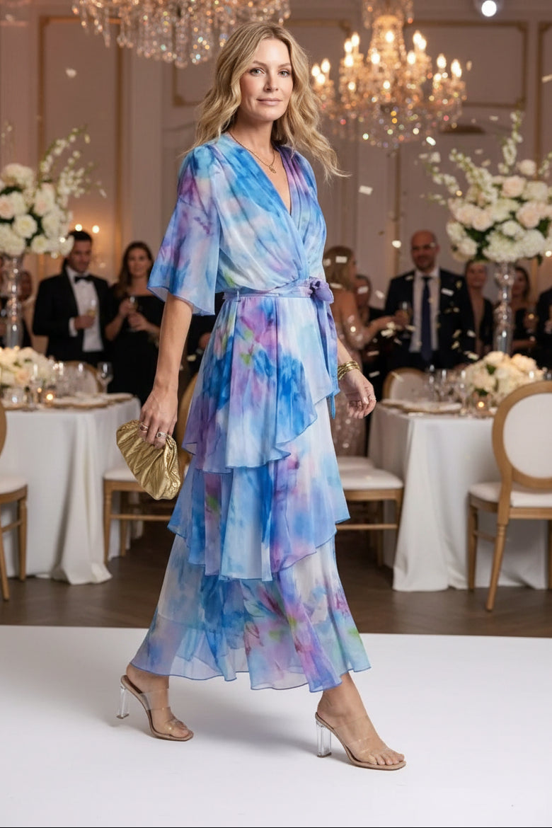 Sheer Layered V-Neck Tie Waist Maxi Dress